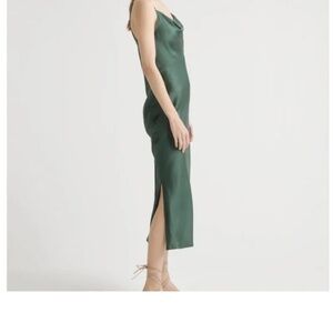 NWT Quince Women Forest Green 100% Washable Silk Cowl Neck Slip Dress M